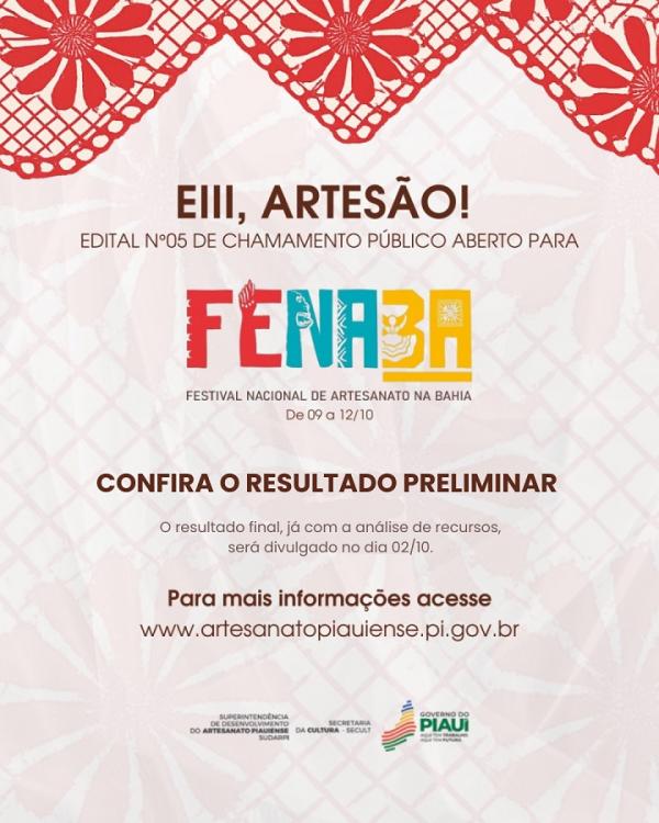 Sudarpi divulga lista provisória de artesãos selecionados para representar o Piauí na Fenaba 2025.(Imagem:Divulgação)