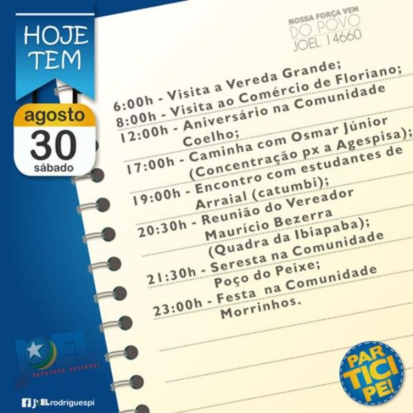 Confira a agenda do candidato Joel Rodrigues para este s&aacute;bado (30).(Imagem:Reprodu&ccedil;&atilde;o/Facebook)