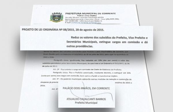 Projeto de Lei reduz sal&aacute;rio do prefeito, vice e secret&aacute;rios no Piau&iacute;.(Imagem: Reprodu&ccedil;&atilde;o/Prefeitura de Corrente)