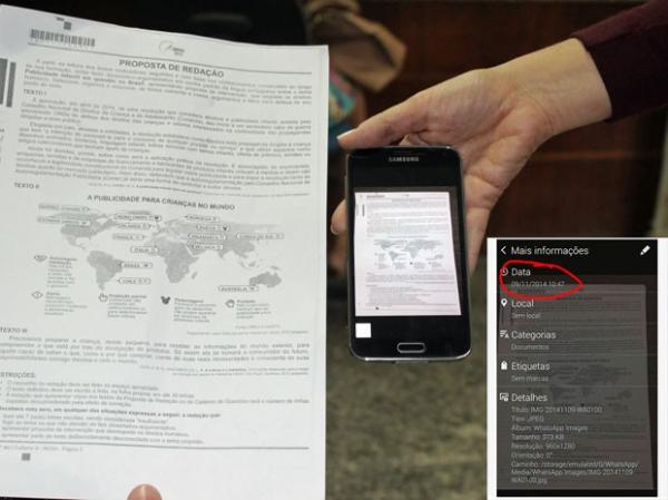 Estudante mostra imagem de suposto tema da prova de reda&ccedil;&atilde;o do Enem horas antes da prova. No detalhe, dados do arquivo indicam a hora do recebimento.(Imagem: Gilcilene Ara&uacute;jo/G1)
