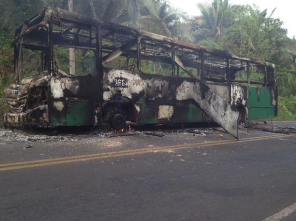 &Ocirc;nibus foi queimado em protesto na PI-112, que liga as cidades de Teresina e Uni&atilde;o.(Imagem:Gil Oliveira/G1)