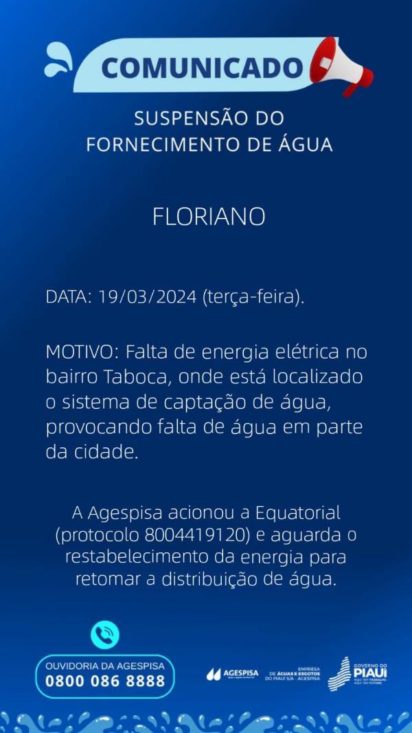 Falta de energia elétrica causa suspensão no fornecimento de água em Floriano