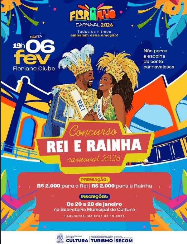 A contagem regressiva para o Carnaval de Floriano 2026 já começou, e junto com ela a abertura das inscrições para o tradicional Concurso Rei e Rainha do Carnaval. O evento promete(Imagem:Reprodução)