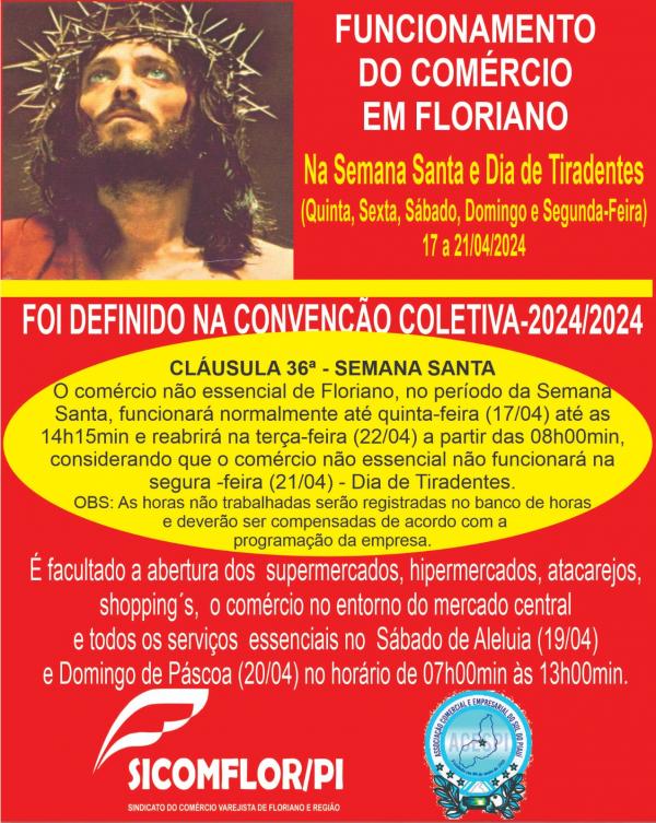 SICOMFLOR e Associa&ccedil;&atilde;o Comercial divulgam hor&aacute;rios do com&eacute;rcio em Floriano durante a Semana Santa e Dia de Tiradentes(Imagem:Divulga&ccedil;&atilde;o)