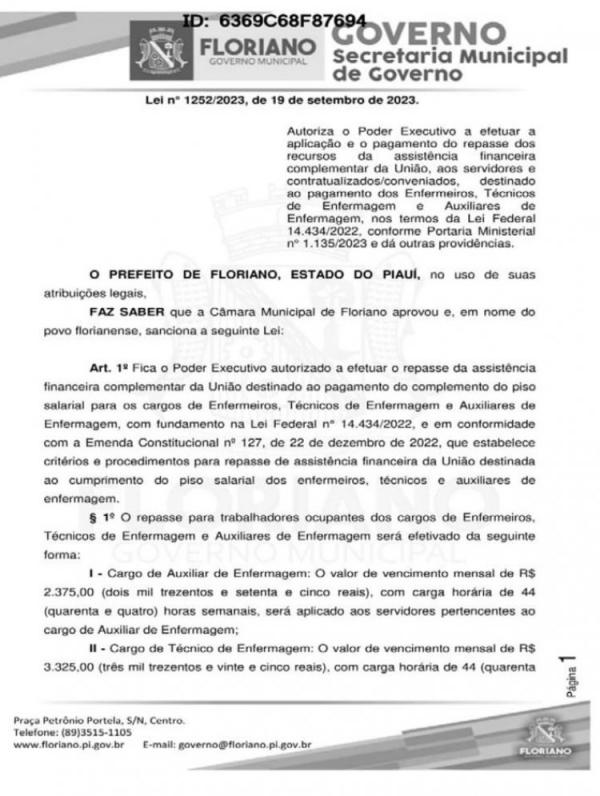 Lei garante complemento do piso salarial da Enfermagem em Floriano(Imagem: Divulga&ccedil;&atilde;o)