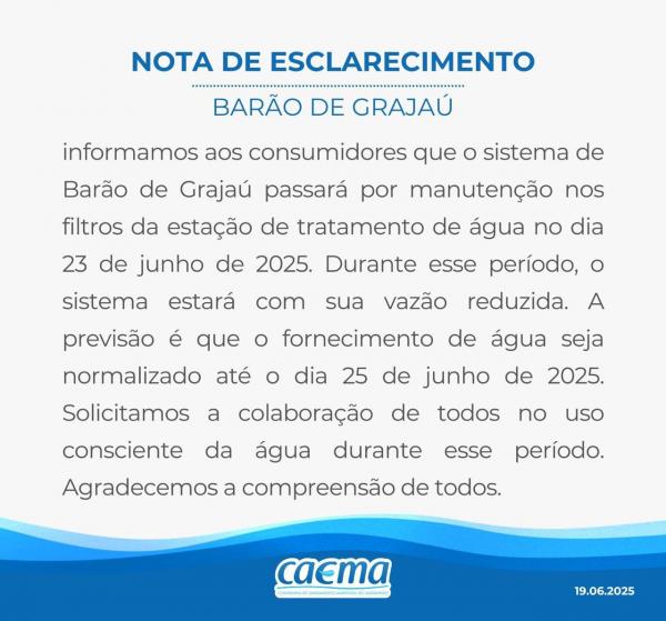 Manutenção na ETA de Barão de Grajaú pode afetar abastecimento de água entre os dias 23 e 25/06(Imagem:Divulgação)