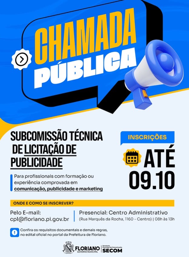 Floriano abre inscrições para composição da Subcomissão Técnica de Licitação de Publicidade