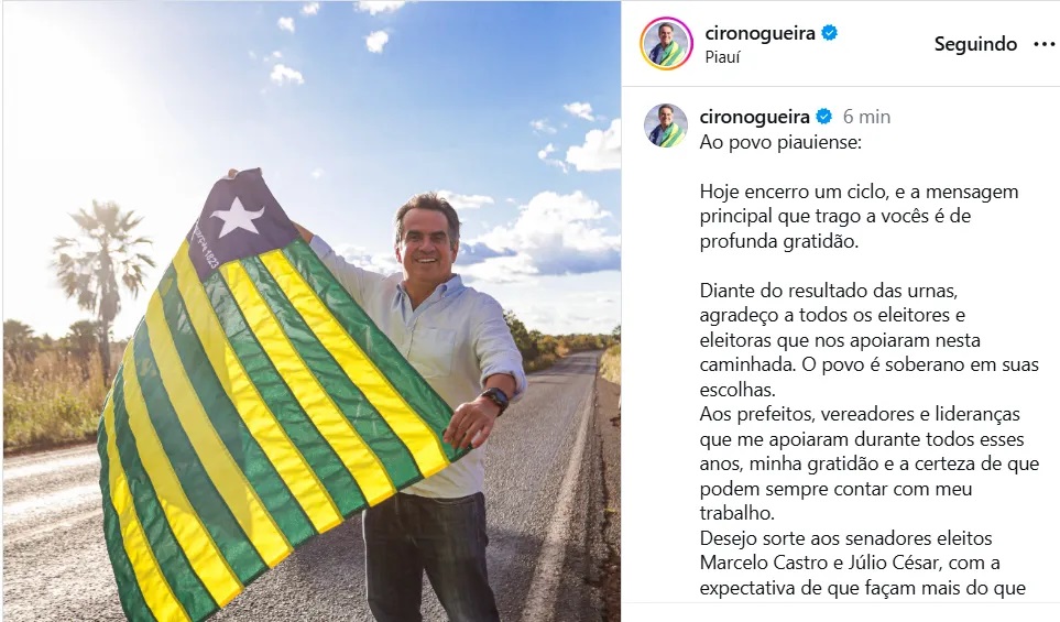 Ciro Nogueira reconhece derrota em reeleição ao Senado pelo PI: 'O povo é soberano em suas escolhas'
