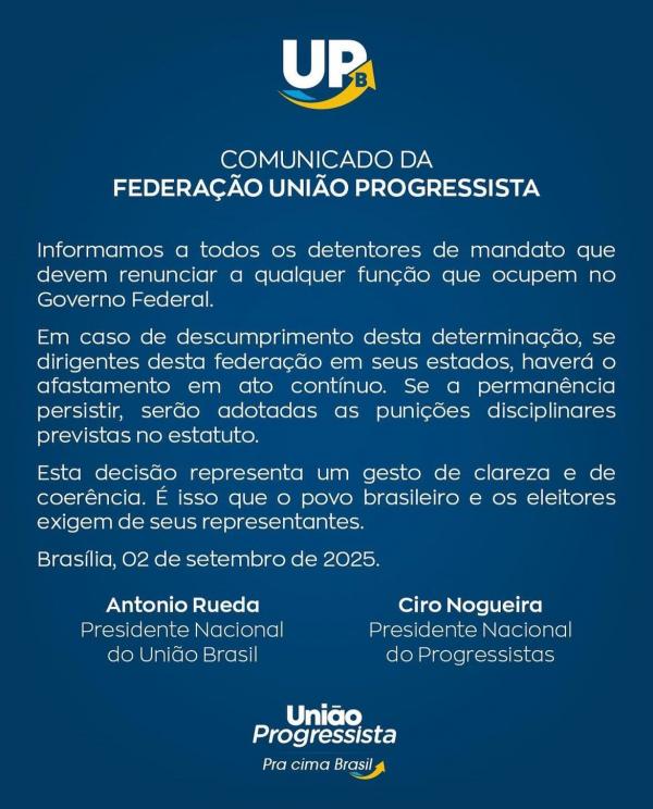 Federa&ccedil;&atilde;o Uni&atilde;o Progressista oficializa sa&iacute;da do governo Lula(Imagem:Ascom )