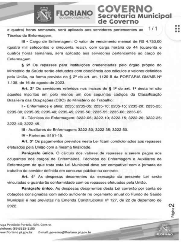 Lei garante complemento do piso salarial da Enfermagem em Floriano(Imagem: Divulga&ccedil;&atilde;o)