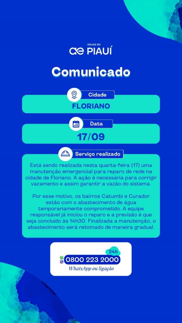 &Aacute;guas do Piau&iacute; realiza manuten&ccedil;&atilde;o emergencial em Floriano nesta quarta-feira (17)(Imagem:Divulga&ccedil;&atilde;o)