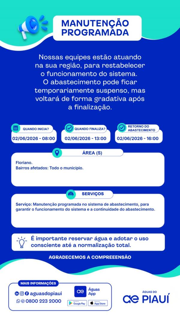Manutenção programada poderá afetar abastecimento de água em Floriano nesta terça-feira (02)