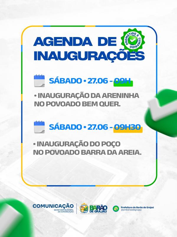 Prefeitura de Bar&atilde;o de Graja&uacute; realiza agenda de inaugura&ccedil;&otilde;es nos povoados Bem Quer e Barra da Areia.(Imagem:Divulga&ccedil;&atilde;o)