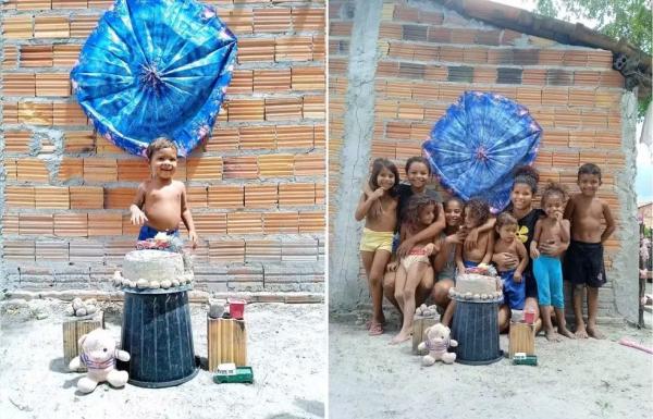 Menino comemora anivers&aacute;rio com bolo e docinhos de areia e comove internautas.(Imagem:Arquivo pessoal)